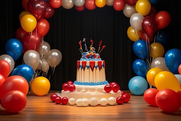A majestic birthday cake with a superhero theme, surrounded by superhero-themed balloons and decorations on a stage with bold, dynamic colors.