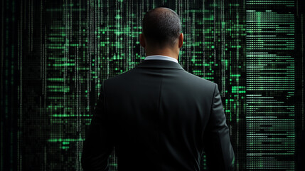 Businessman Analyzing Digital Data Streams in Futuristic Technology Environment