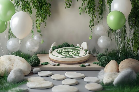 A meditative birthday cake shaped like a zen garden, surrounded by tranquility-themed balloons on a peaceful stage embellished with stones and greenery.