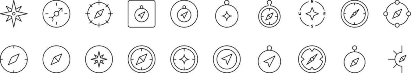 Pack of Travel and Journey Related Related Line Icons. Compass Outline Signs for Graphic and Web Design, Apps, Adverts, Various Cards
