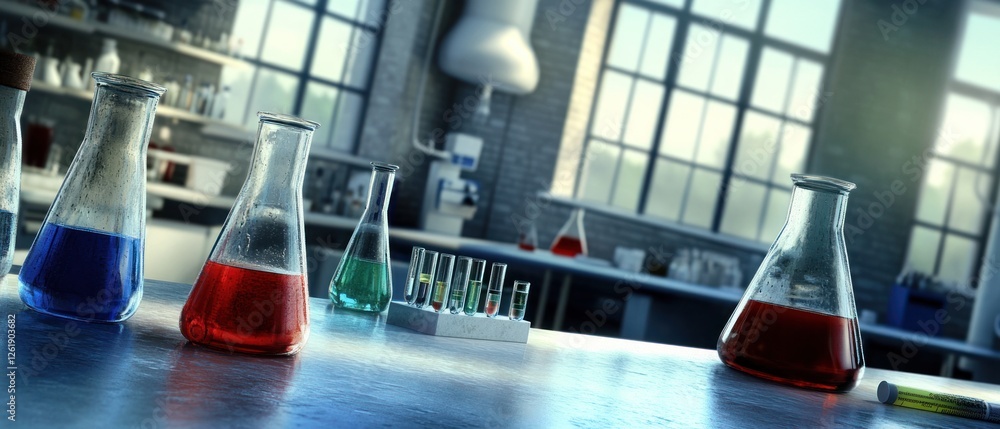 Poster colorful laboratory setup with glassware and experiments