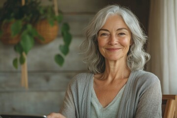 Fototapeta premium A smiling mature woman with gray hair, wearing a gray cardigan, sits comfortably indoors.