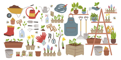 Vector set of garden tools. Potted plants isolated on white background. Set of equipment for replanting house plants. Large set of garden elements and tools. © Elena