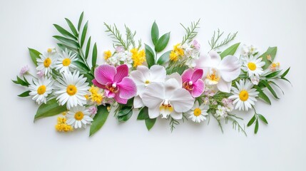 Fototapeta premium Whimsical Floral Arrangement of Orchids Daisies and Greenery for Spring Weddings