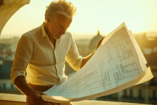 Mature architect reviewing blueprints, bathed in golden sunlight, overlooking cityscape.