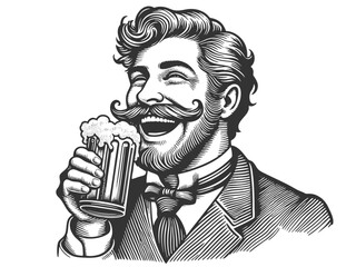 Worker Drinking Beer engraving vector illustration