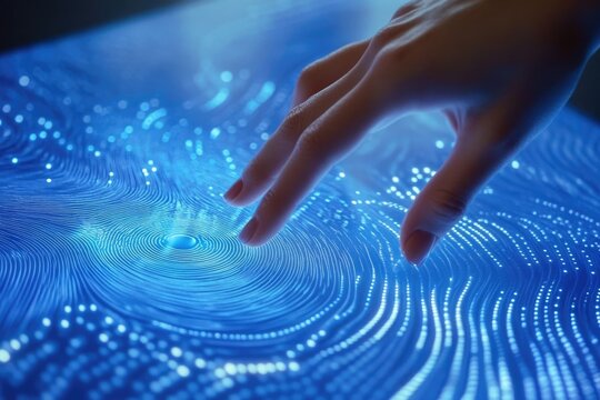 A finger interacts with a glowing, dynamic data visualization, showcasing interactive technology and data analysis.
