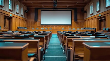 Grand Auditorium Interior: Rows of Wooden Desks and Chairs Facing a Large Screen, Ideal for Presentations and Lectures