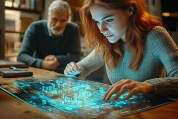 Fototapeta premium A young woman and an older man collaborate on a holographic city map, using futuristic technology for urban planning.