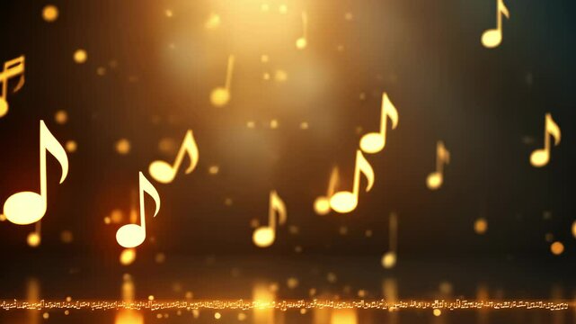 Gold note on a dark background. Musical notes floating