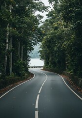 Obraz premium Driving Along Winding Road Through Lush Forest to a Scenic Lake