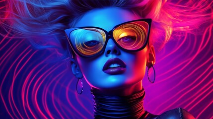 Neon visions, woman with mesmerizing eyes and futuristic eyewear