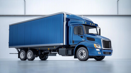 Side View of a Modern Blue Freight Truck in a Garage Facility