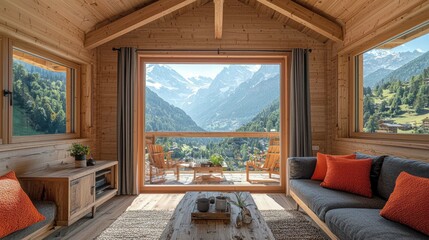 Fototapeta premium Spectacular Mountain View from Cozy Wooden Chalet Living Room