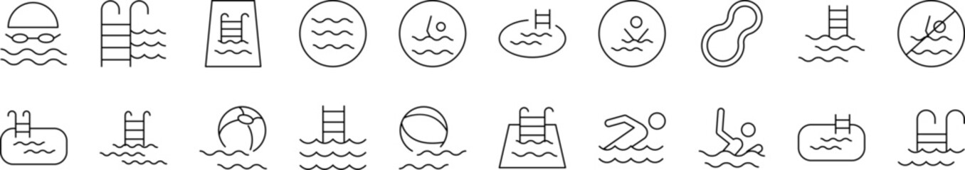 Swimming Pool Outline Web Line Icons Collection. Minimalistic Linear Pictogram for Web and Graphic Design, Apps, Banners, Social Network and Cards