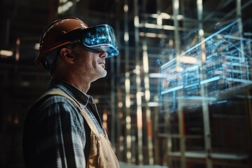 Construction worker uses AR/VR glasses to visualize a building's blueprint in a real-world setting.