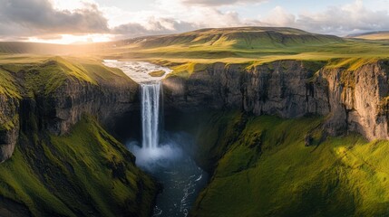 Iceland waterfall sunset aerial landscape nature travel