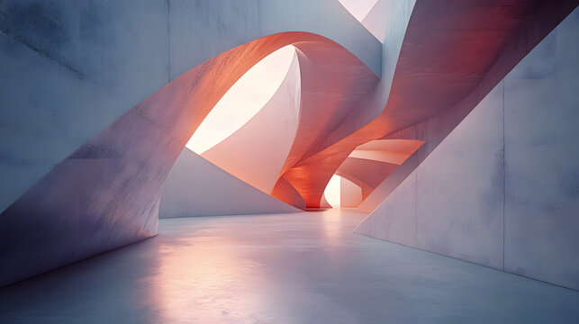 Abstract geometric composition featuring dynamic curves in an indoor space modern architectural design digital art environment