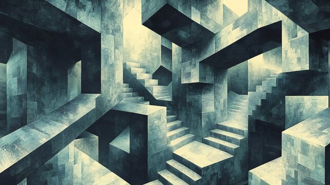 Abstract teal architecture mysteriously unfolds stairs winding through a surreal light-filled labyrinth. AI Generated