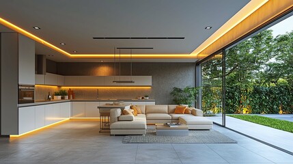 Fototapeta premium Modern Open Plan Home Interior Design with Warm Lighting and Garden View