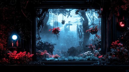 Obraz premium Dark Fantasy Forest Night Scene Viewed Through a Window