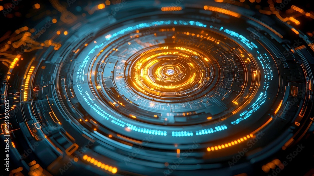 Poster abstract futuristic technology interface: cyberpunk digital art background. circular network system 