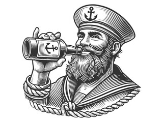 Bearded Sailor Drinking engraving vector