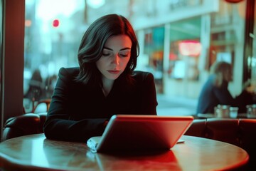 Fototapeta premium A woman with dark hair sits at a cafe table, engrossed in her tablet, the city lights blurring in the background.