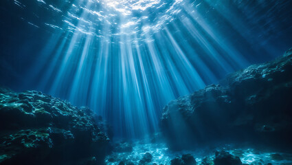 Underwater View with Light Rays Penetrating Through Clear Water Creating a Serene and Peaceful Atmosphere