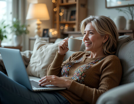 Happy mature woman resting on the sofa at home, drinking coffee or tea while watching movies, webinars, or videos on her laptop.