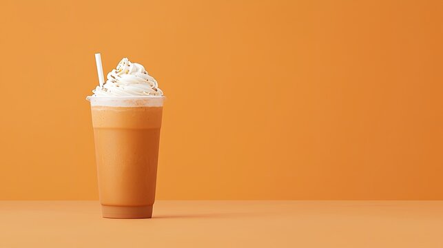 drinks milkshake artisanal concept. Refreshing beverage topped with whipped cream, set against a vibrant orange background.