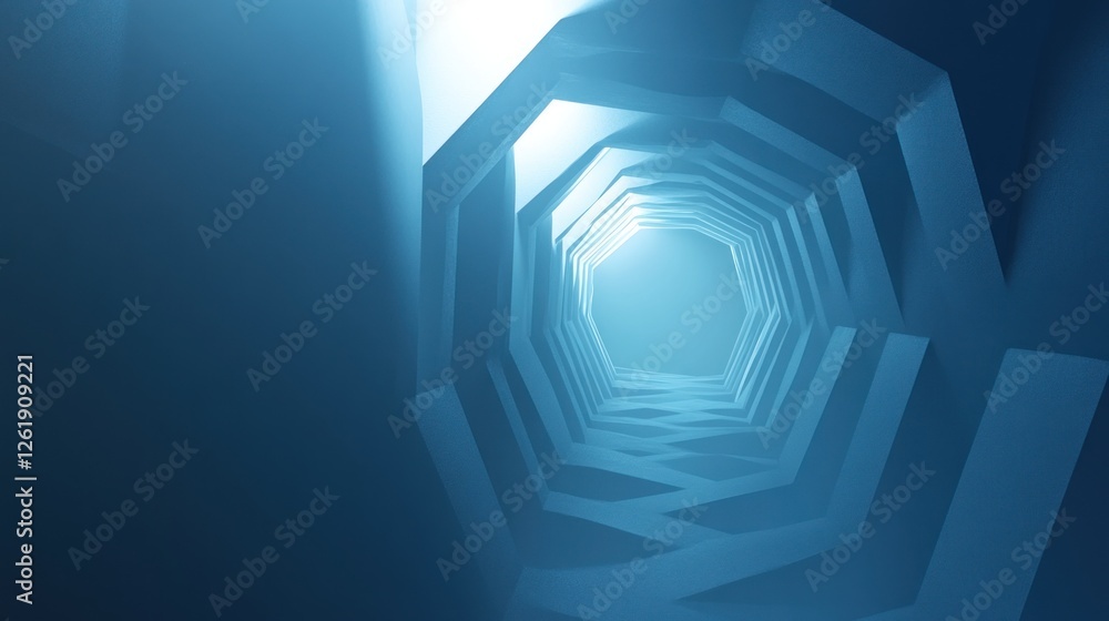 Poster abstract view of a geometric tunnel illuminated with soft blue light, creating a serene atmosphere f