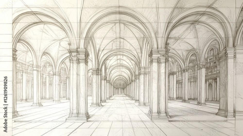 Aufkleber a detailed architectural sketch featuring a series of arches and columns in a grand space.
