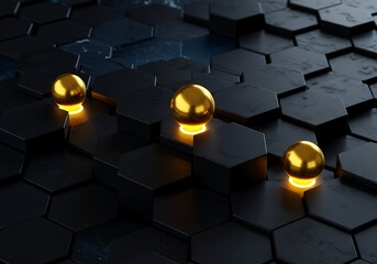Golden Spheres Resting on Black Hexagons with Ambient Light Glow