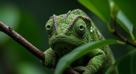 Obraz premium Green Chameleon Perched on Branch Looking at Camera in Lush Foliage