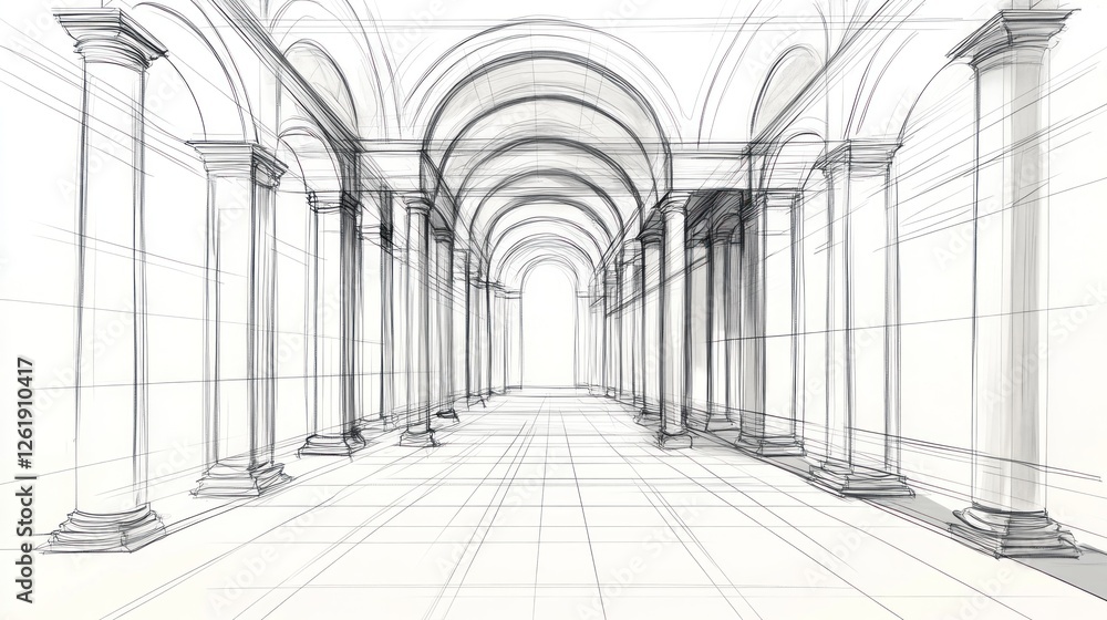 Poster a linear perspective drawing of an architectural space with arches and columns.