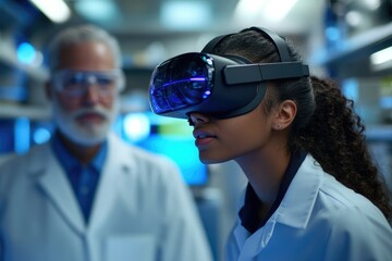 A young scientist uses a VR headset in a lab, possibly for medical research or data visualization.