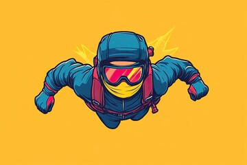 Illustrated skydiver with helmet and goggles against yellow background