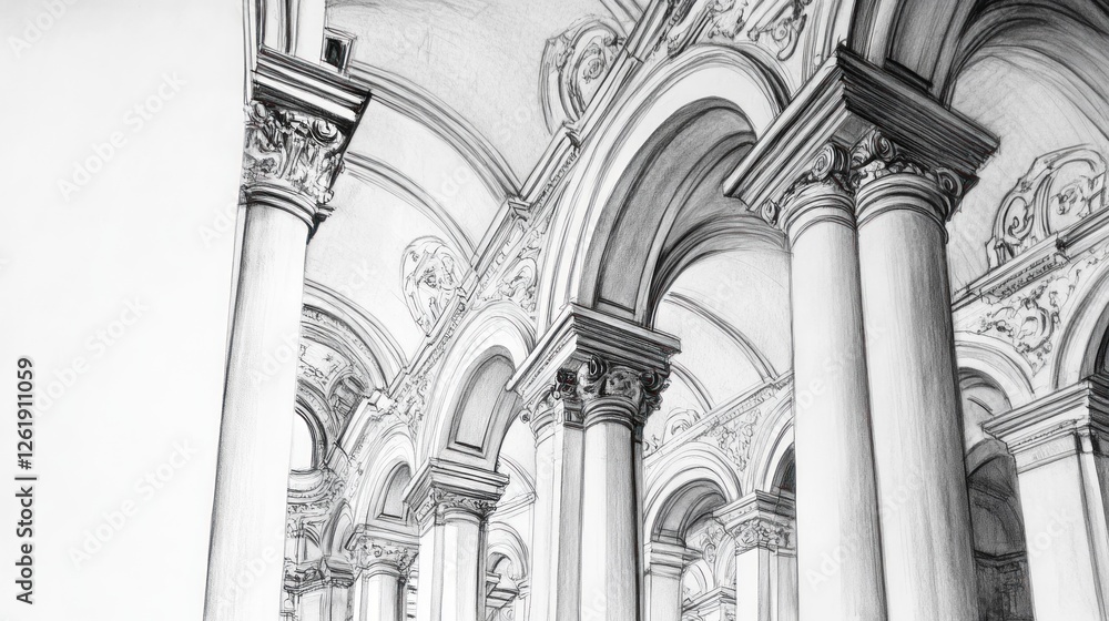 Poster a detailed sketch of classical architecture featuring ornate columns and arches.