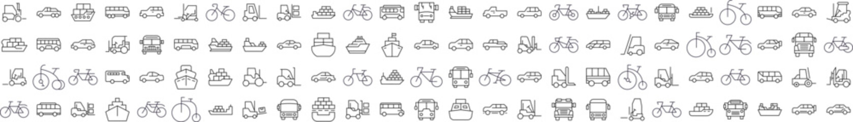 Bus, Ship, Tractor, Bicycle, Car Set of Thin Icons. Editable Stroke. Perfect for Web Sites, Books, Cards, Apps