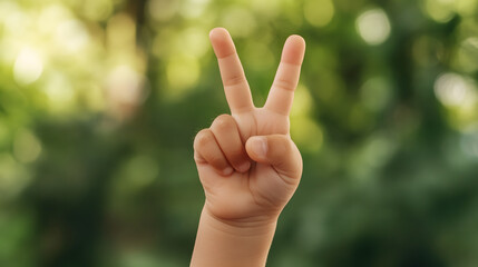 child tiny hand making peace sign in natural setting