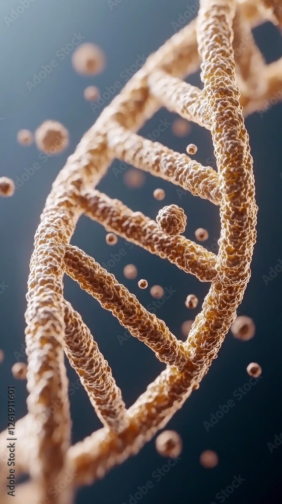 Poster detailed 3d render of a dna helix with gold particles on dark background