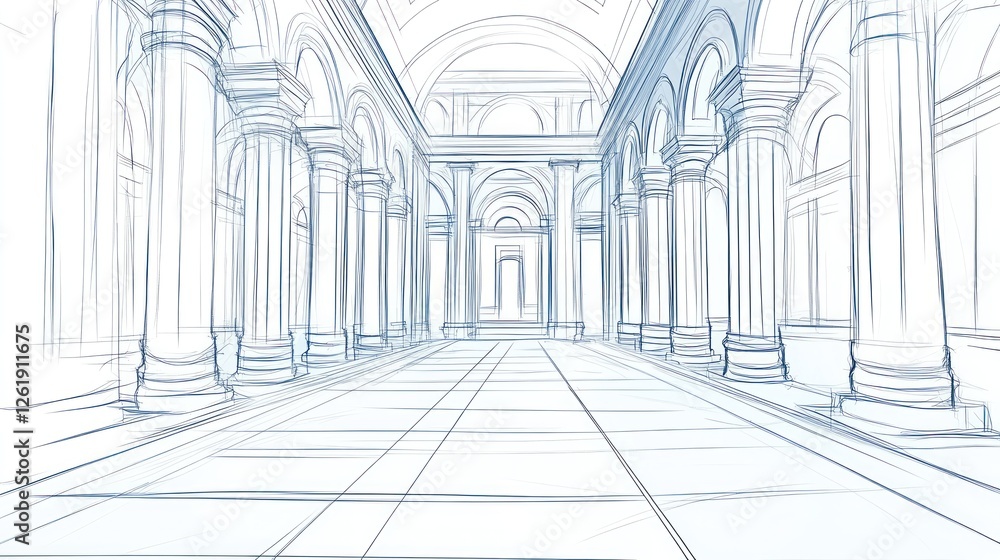 Poster a linear sketch of a grand architectural interior with columns and arches.