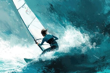 Naklejka premium A female windsurfer navigates powerful waves, showcasing skill and determination in a dynamic ocean scene.