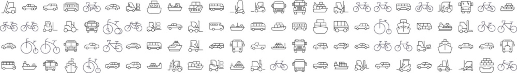 Bus, Ship, Tractor, Bicycle, Car Related Line Icons for Web Sites, Books, Cards, Apps. Editable Stroke. Perfect for Web Sites, Books, Cards, Apps