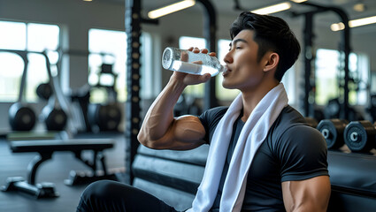 Young Asian Man Hydrating During a Break at the Fitness Gy