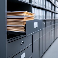 Organized office storage with open drawer filled with documents and files.
