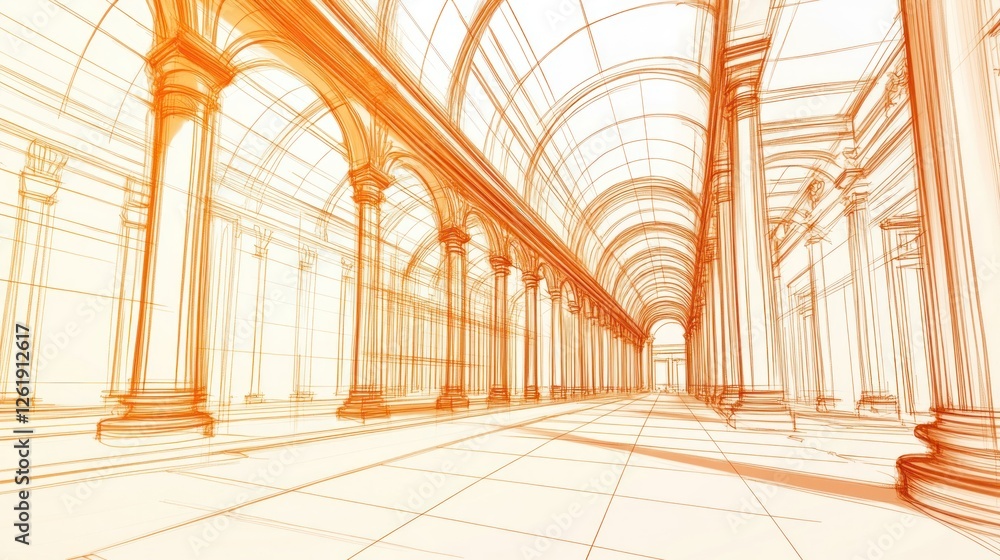 Poster a linear architectural sketch of a grand corridor with arches and columns.