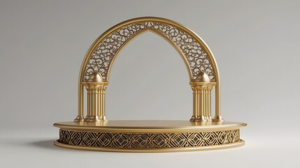 Golden Archway Stage: Elegant 3D Render of an Ornate  Arch with Pillars and Platform, Ideal for Product Displays or Event Backdrops.