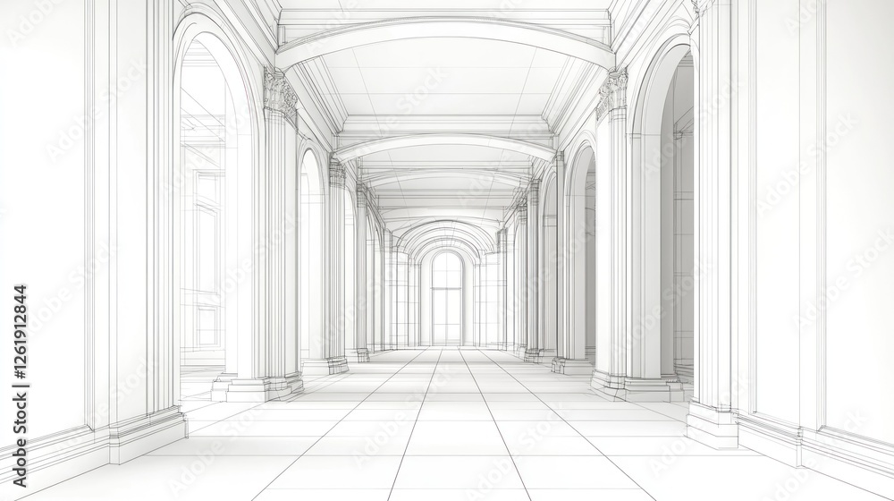 Poster a linear architectural drawing of a grand corridor with arches and columns.